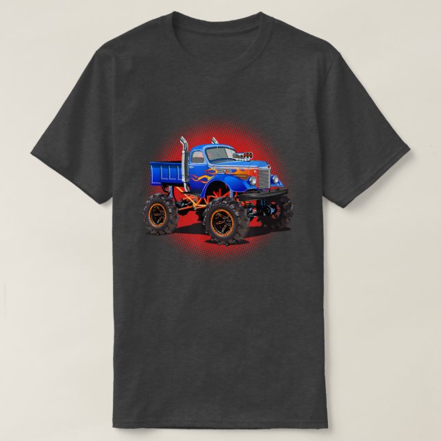 Camiseta Camión De Monstruo Para Niños Con Flames Azul Gráf (Diseño del anverso)