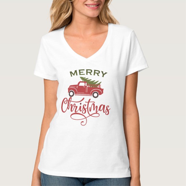 Camiseta Camión de Navidades rojos, árbol navideño festivo (Anverso)
