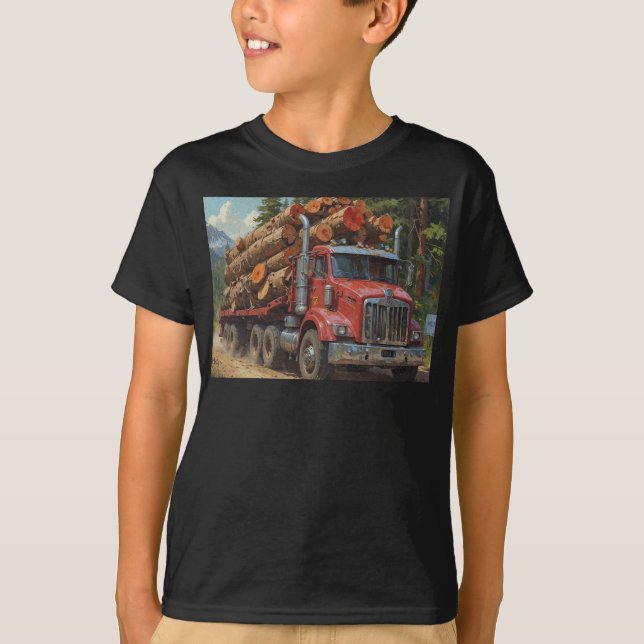 Camiseta Camión de tala roja en las montañas (Anverso)