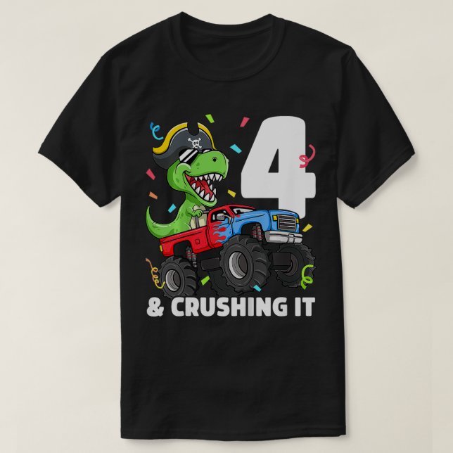 Camiseta Camión monstrual para niños TRex Pirata 4º cumplea (Diseño del anverso)