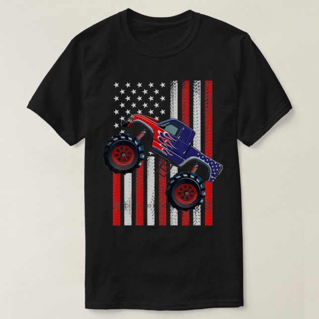 Camiseta Camión Monstruo De Bandera Estadounidense 4 De Jul (Diseño del anverso)