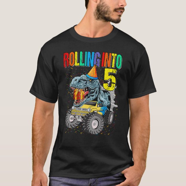 Camiseta Camión Monstruo Dinosaurio en 5 cumpleaños feliz (Anverso)
