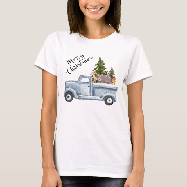 Camiseta Camión navidad con pinos y animales forestales (Anverso)