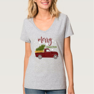 Camiseta Camión Rojo Antiguo Feliz Navidad Árbol Retro