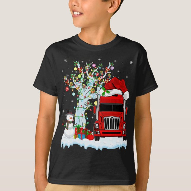 Camiseta Camión Rojo Árbol de Navidad Encender Santa Hat Re (Anverso)