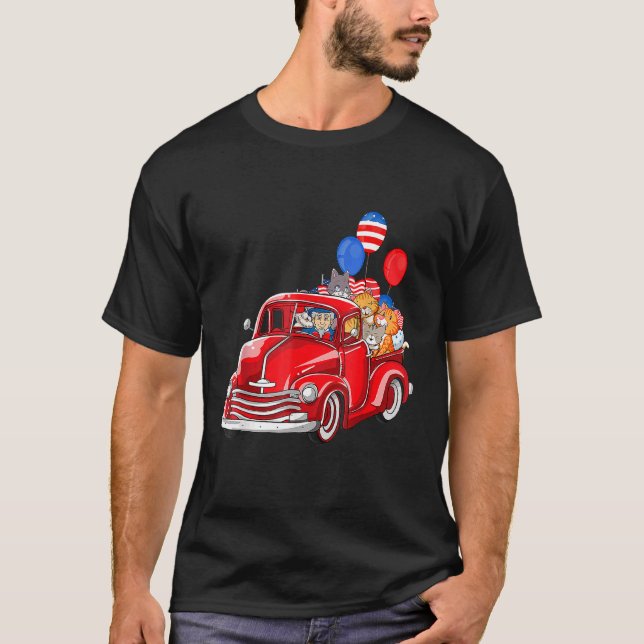 Camiseta Camión Rojo Con Gatos Vestido De Globo 4 De Julio (Anverso)