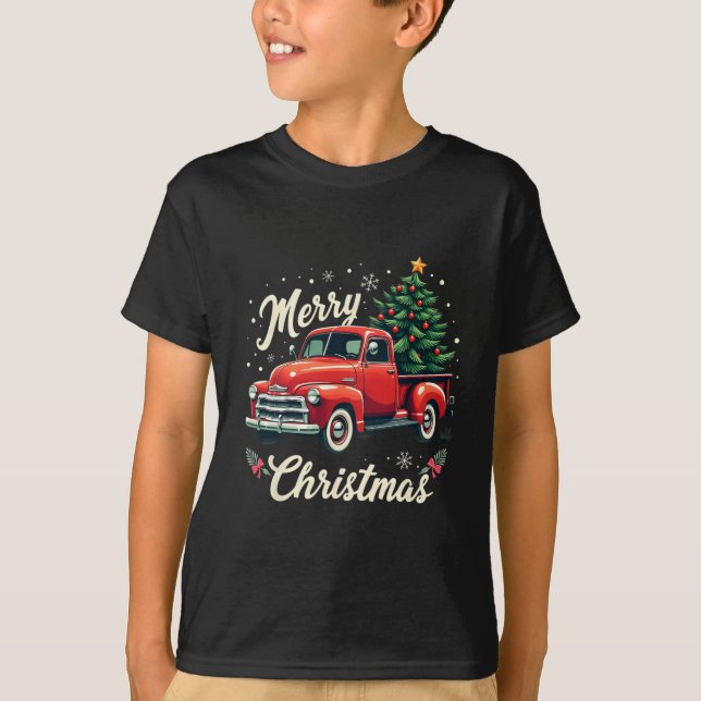 Camiseta Camión rojo de recogida Feliz Navidad Árbol de inv (Anverso)