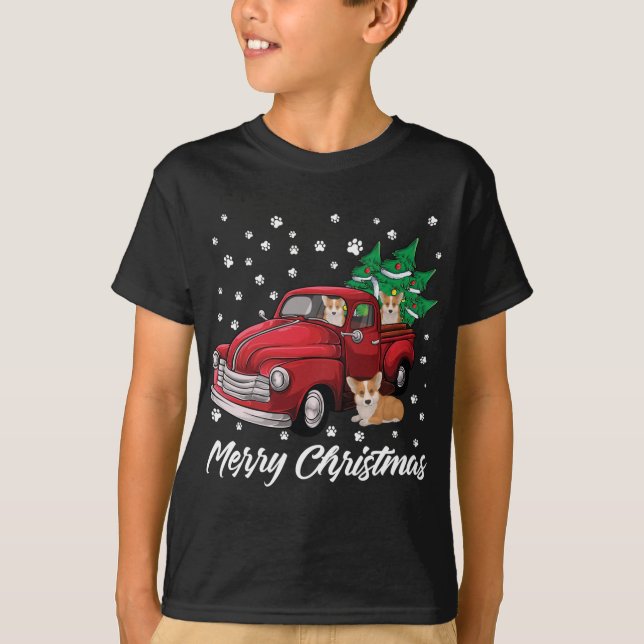 Camiseta Camión Rojo Feliz Árbol de Navidad Corgi Navidades (Anverso)