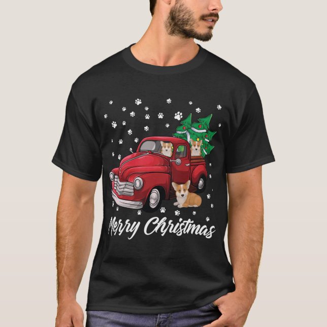Camiseta Camión Rojo Feliz Árbol de Navidad Corgi Navidades (Anverso)