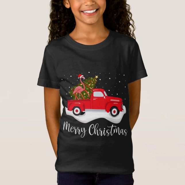 Camiseta Camión Rojo Feliz Árbol de Navidad Flamingo Navida (Anverso)
