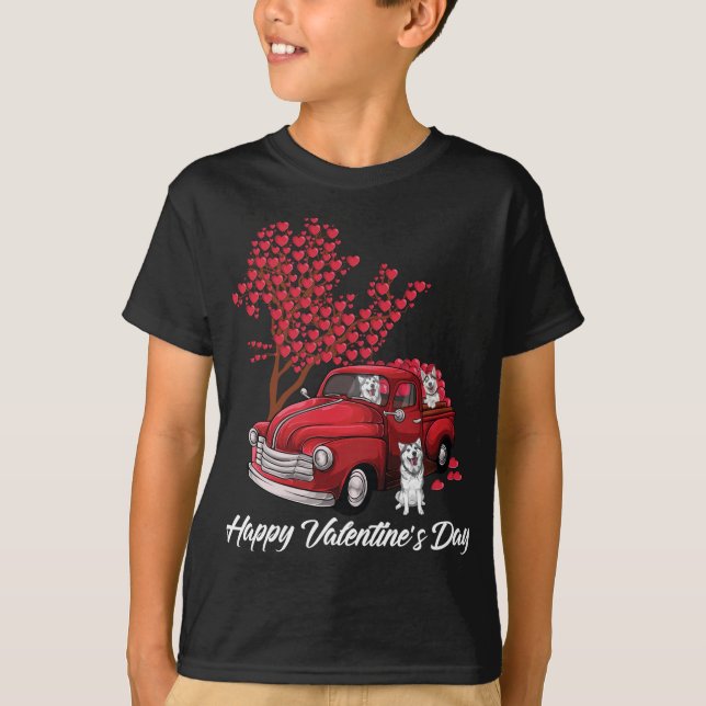 Camiseta Camión Rojo Feliz Día de San Valentín husky perro  (Anverso)