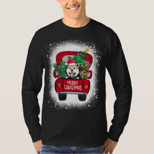 Camiseta Camión rojo lindo akita Feliz Navidad blanqueado