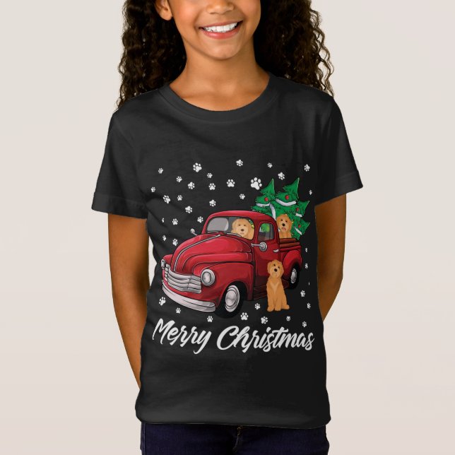 Camiseta Camión Rojo Merry Christmas Tree Goldendoodle Chri (Anverso)
