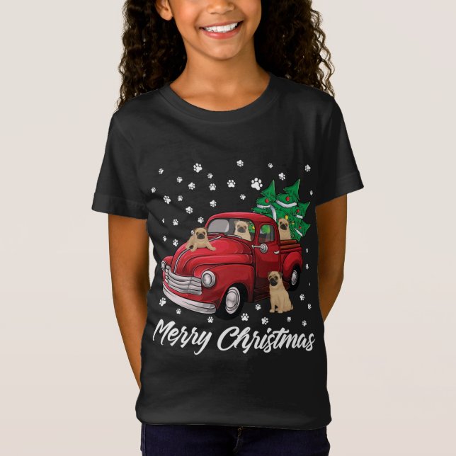 Camiseta Camión Rojo Merry Christmas Tree Pug Dog Navidades (Anverso)