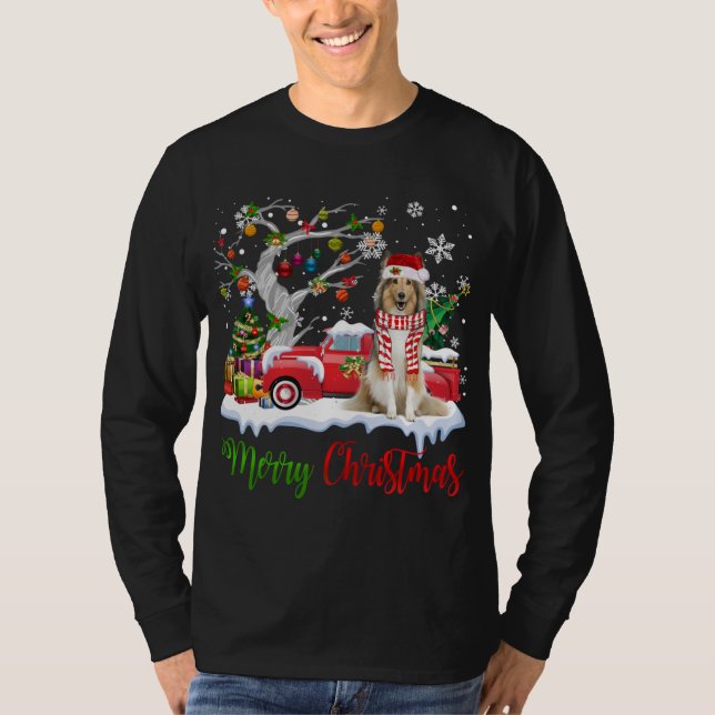 Camiseta Camión Rojo Merry Christmas Tree Shetland Sheepdog (Anverso)
