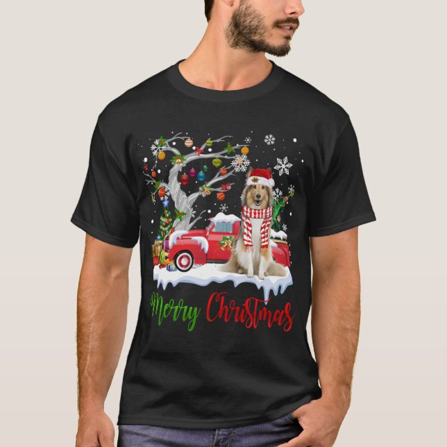 Camiseta Camión Rojo Merry Christmas Tree Shetland Sheepdog (Anverso)