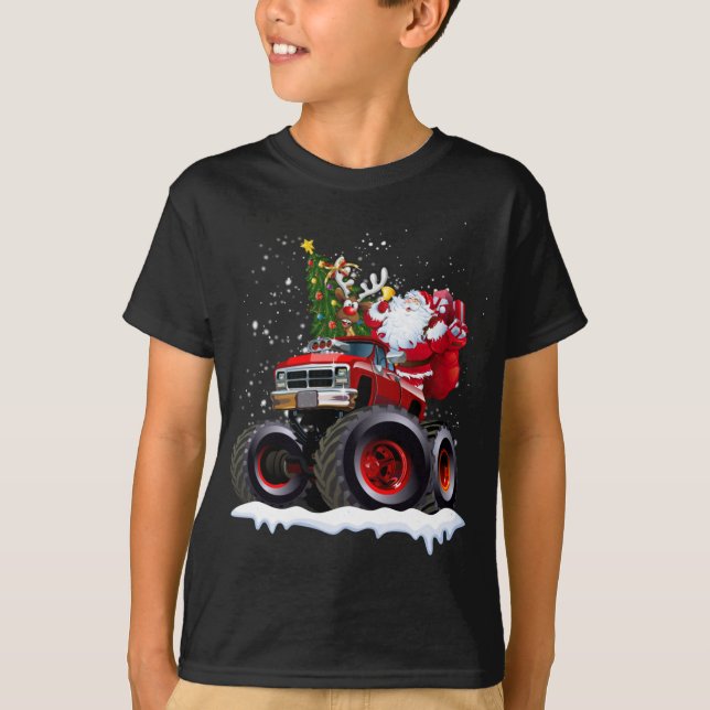 Camiseta Camión Rojo Monstruo Con Santa, Árbol De Navidad,  (Anverso)