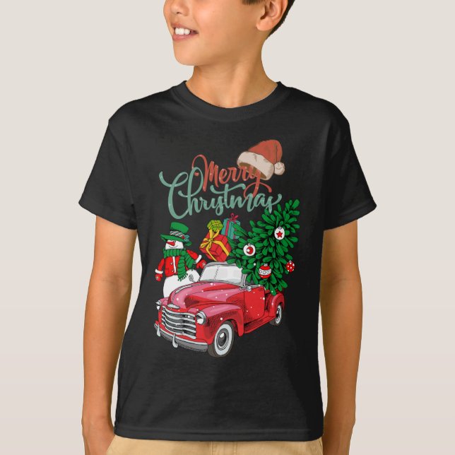 Camiseta Camión Rojo Recogiendo Árbol de Navidad Feliz Navi (Anverso)