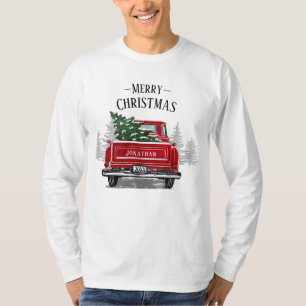 Camiseta Camión Rojo Vintage Árbol de Navidad Nombre Madera