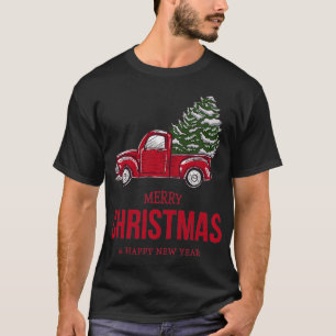 Camiseta camión rojo vintage que lleva el árbol de navidad 