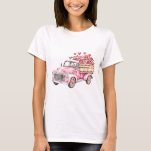 Camiseta Camión rosa de acuarela con corazones y flores