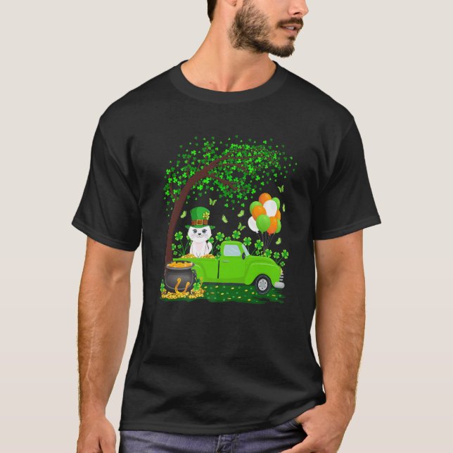 Camiseta Camión verde gracioso Shamrock Leaf Cat St Patrick (Anverso)