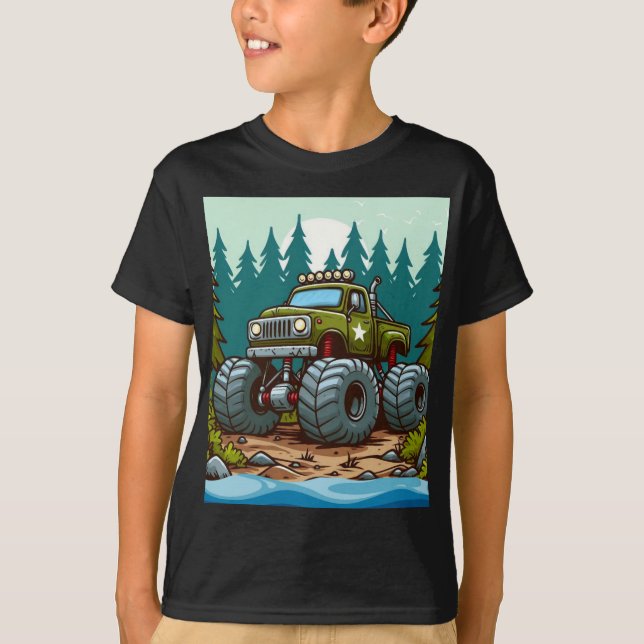 Camiseta Camión verde monstruo en el bosque (Anverso)