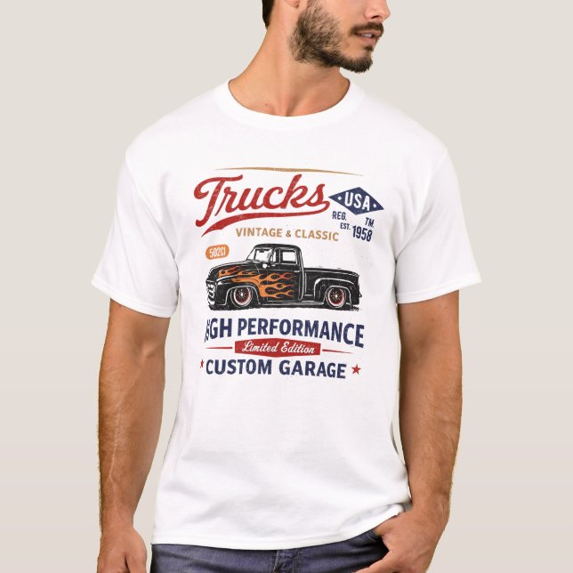 Camiseta Camiones Antiguos de Alto Rendimiento Arte de Gara (Anverso)