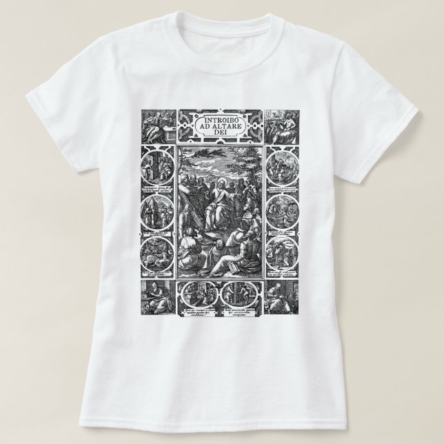 Camiseta Camisas católicas, la misa latina Introibo y Altar (Diseño del anverso)