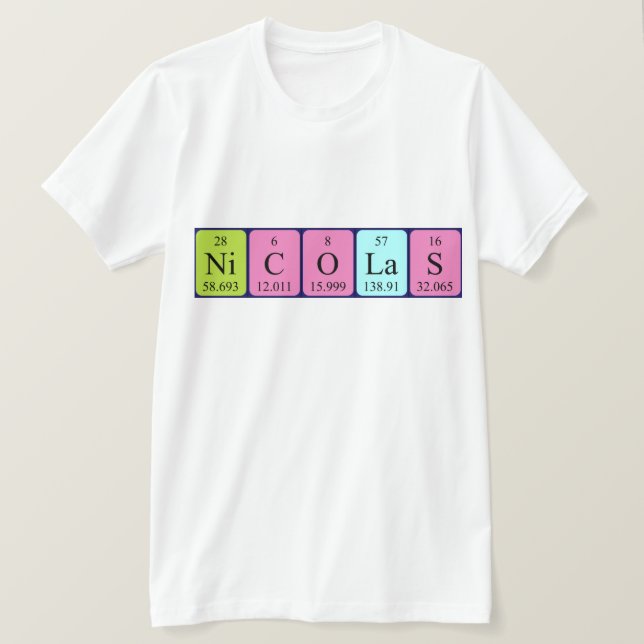 Camiseta Camisas de nombre de tabla periódica de Nicolas (Anverso del diseño)