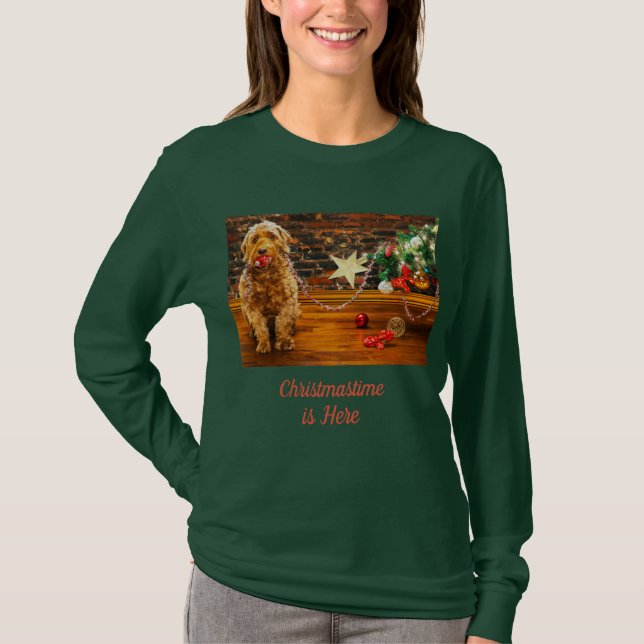 Camiseta Camisas navidades manga larga mujeres goldendoodle (Anverso)