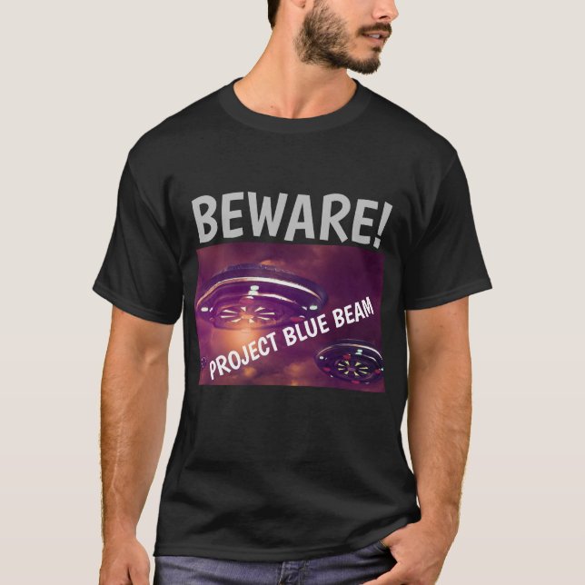 CAMISETA CAMISAS PROYECTO HAZ AZUL OVNI ¡CUIDADO! (Anverso)