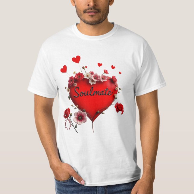 Camiseta Camiseta, corazón rojo y flores, alma gemela (Anverso)