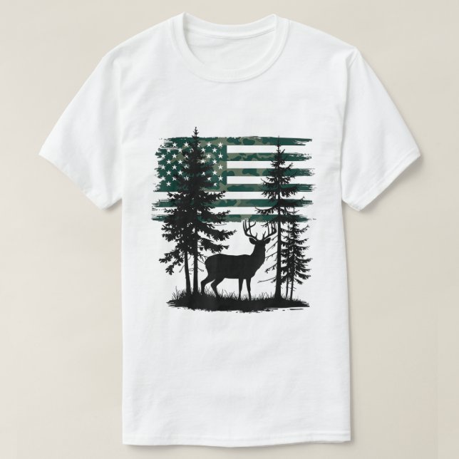 Camiseta Camo Flag Deer Hunting Forest Silhouette Tee (Diseño del anverso)