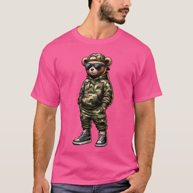 Camiseta Camo Hip Hop Teddy Bear Guay Rapper Streetwear Gra (Anverso)