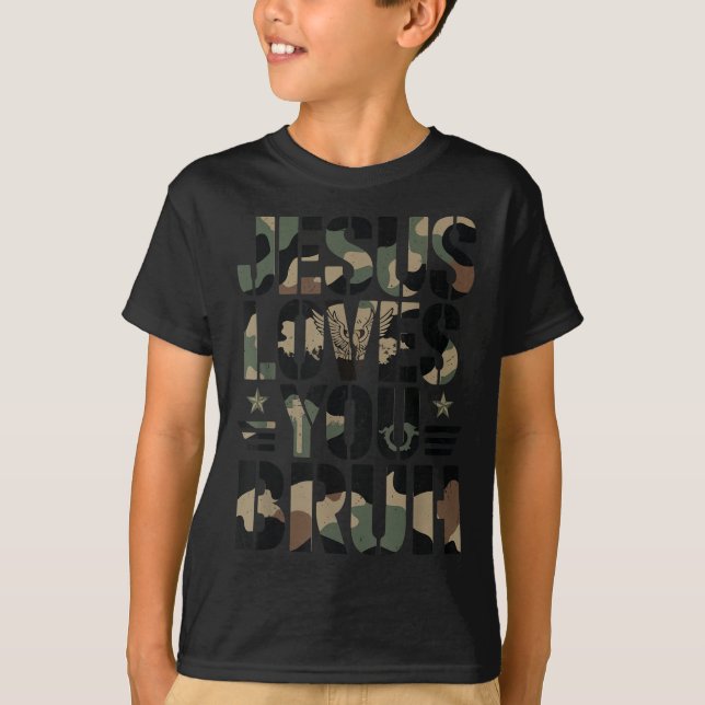 Camiseta Camo Jesus te ama Bruh Camouflage Christian Tee (Anverso)