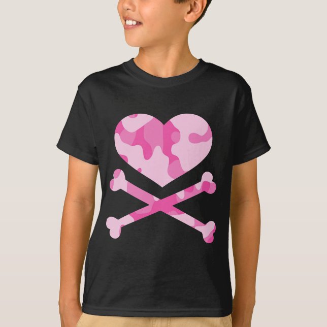 Camiseta camo rosado del corazón y de la bandera pirata (Anverso)