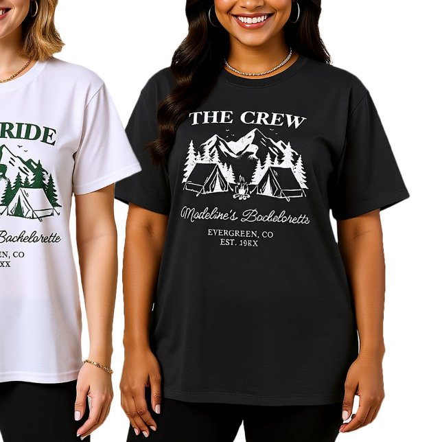 Camiseta Campamento Bachelorette Camping Bosque Equipo de C (camp bachelorette bridesmaid crew shirts camping glamping elegant modern classic)