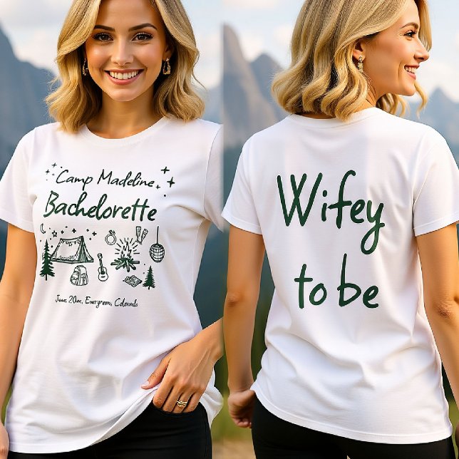 Camiseta Campamento Bachelorette Camping Mano dibujada en v (camp bachelorette bride wifey to be camping hand drawn written girls trip bach green glamping)