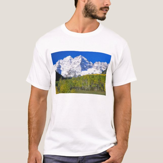 Camiseta Campanas Marrón con bosque de álamos en otoño. (Anverso)