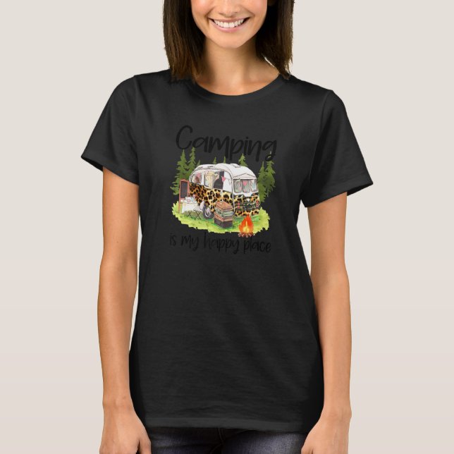 Camiseta Camping Es Mi Feliz Lugar Leopardo Feliz Diversión (Anverso)