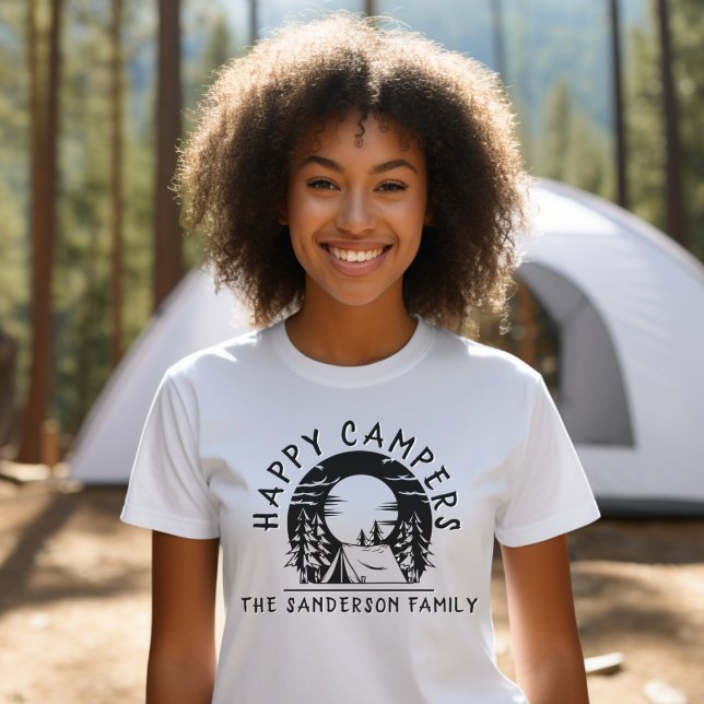 Camiseta Camping familiar Camping feliz Campers Nombre blan (Get matching family name tshirts for the Happy Campers on your next camping or hiking trip!)