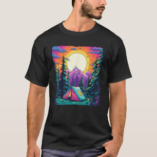 Camiseta Camping Tent Mountain Pine Tree Forest Sunset Hiki
