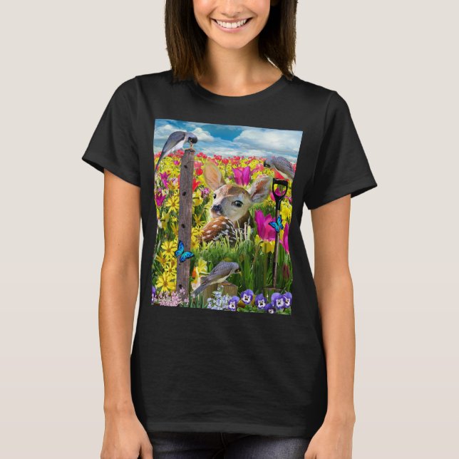 Camiseta Campo de aves alba de flores (Anverso)