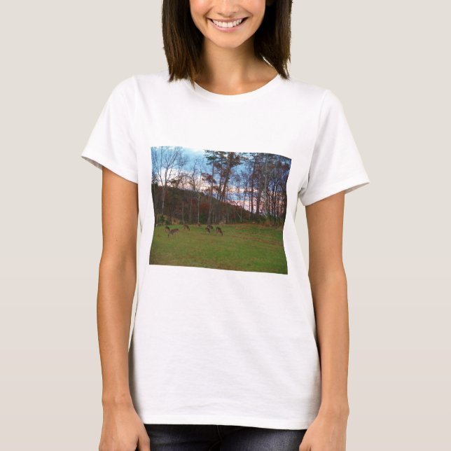 Camiseta Campo de ciervos y un SunSet rosado (Anverso)
