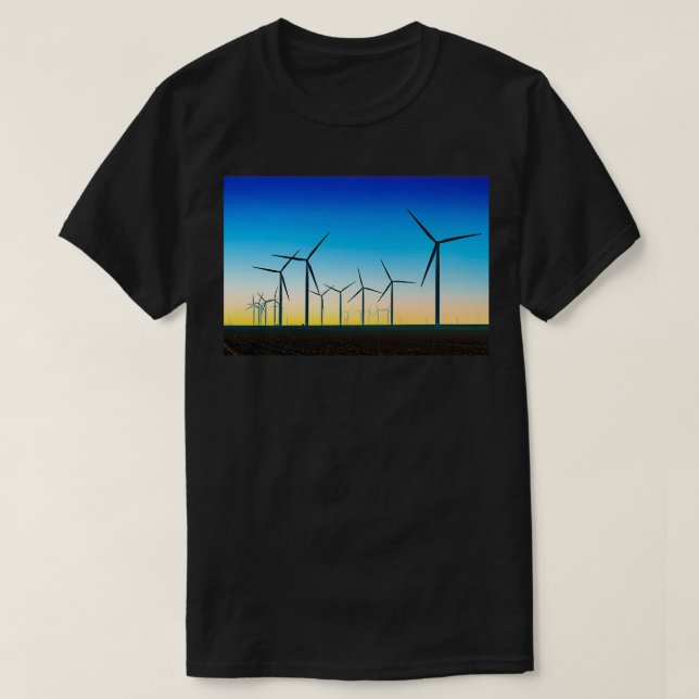 Camiseta Campo de Turbina de Viento Atardecer Azul (Diseño del anverso)