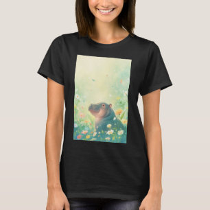 Camiseta Campos de flores y hipopótamo feliz