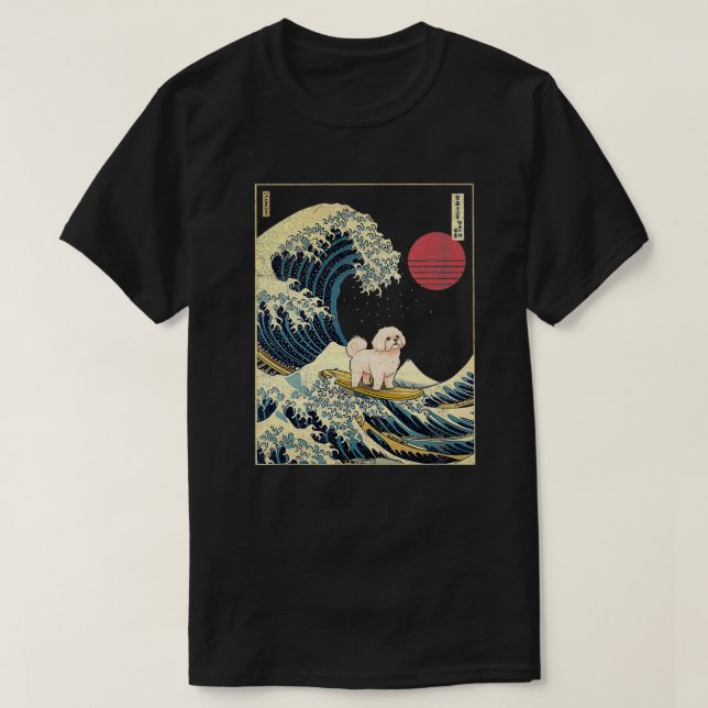 Camiseta Canagawa japonés maltés Wave divertido perro de su (Diseño del anverso)