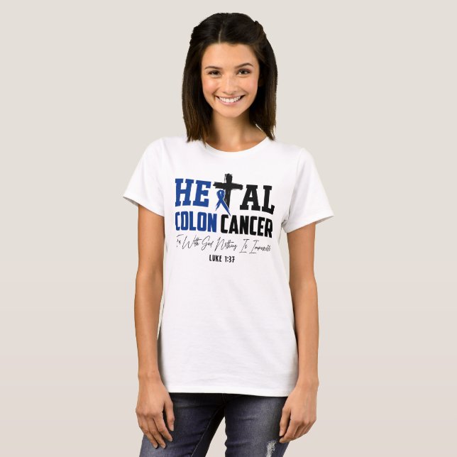 Camiseta Cáncer de colon Christian Luke 1:37 Cinta azul osc (Anverso completo)