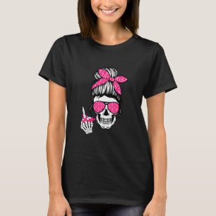 Camiseta Cáncer de mama Cinta rosa del Dedo Medio Skeleton